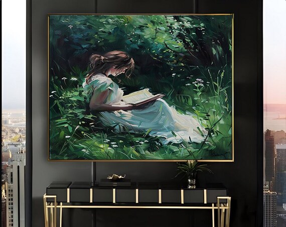 Woman Reading Alone in a Sunlit Garden Grove Oil Painting Poster