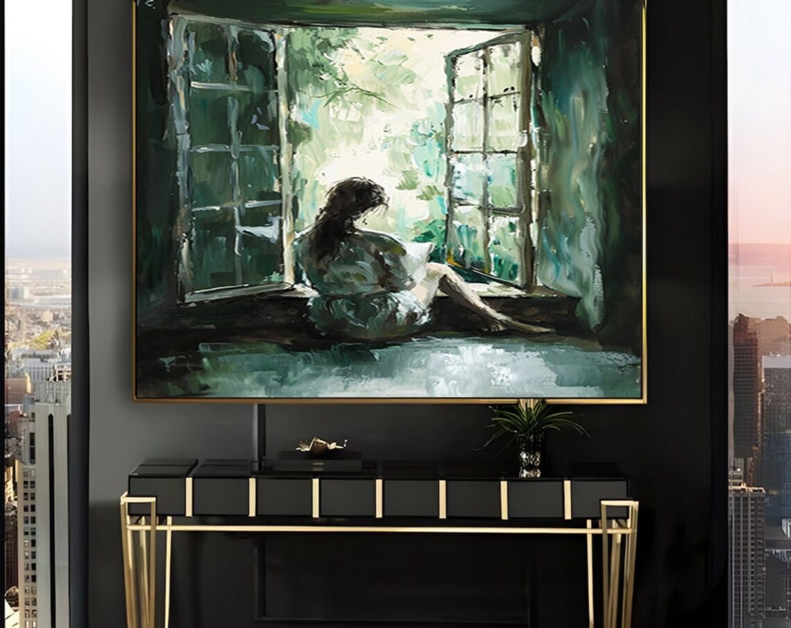 Woman Reading in an Open Window Impressionist Oil Painting Poster