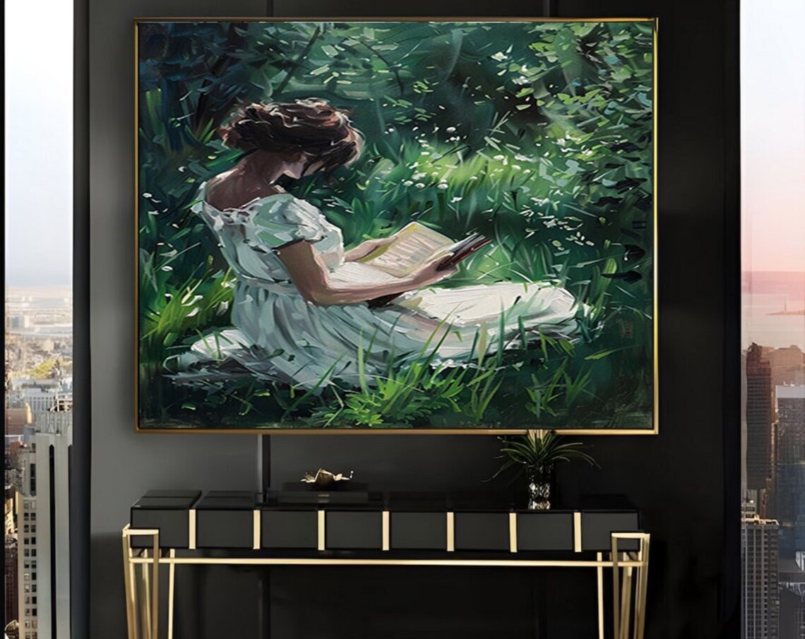 Woman Reading Alone in a Green Meadow Vintage Oil Painting Poster