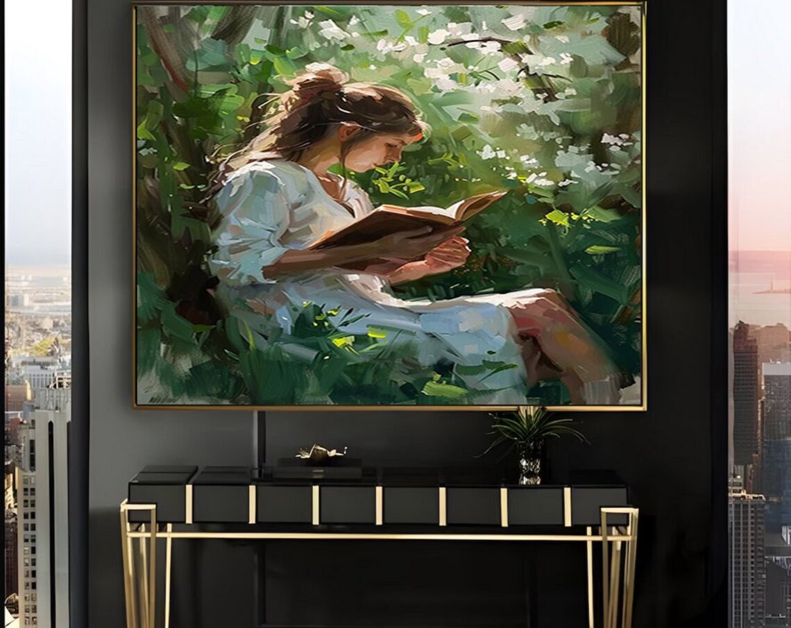 Woman Reading Among Green Foliage in a Garden Oil Art Poster
