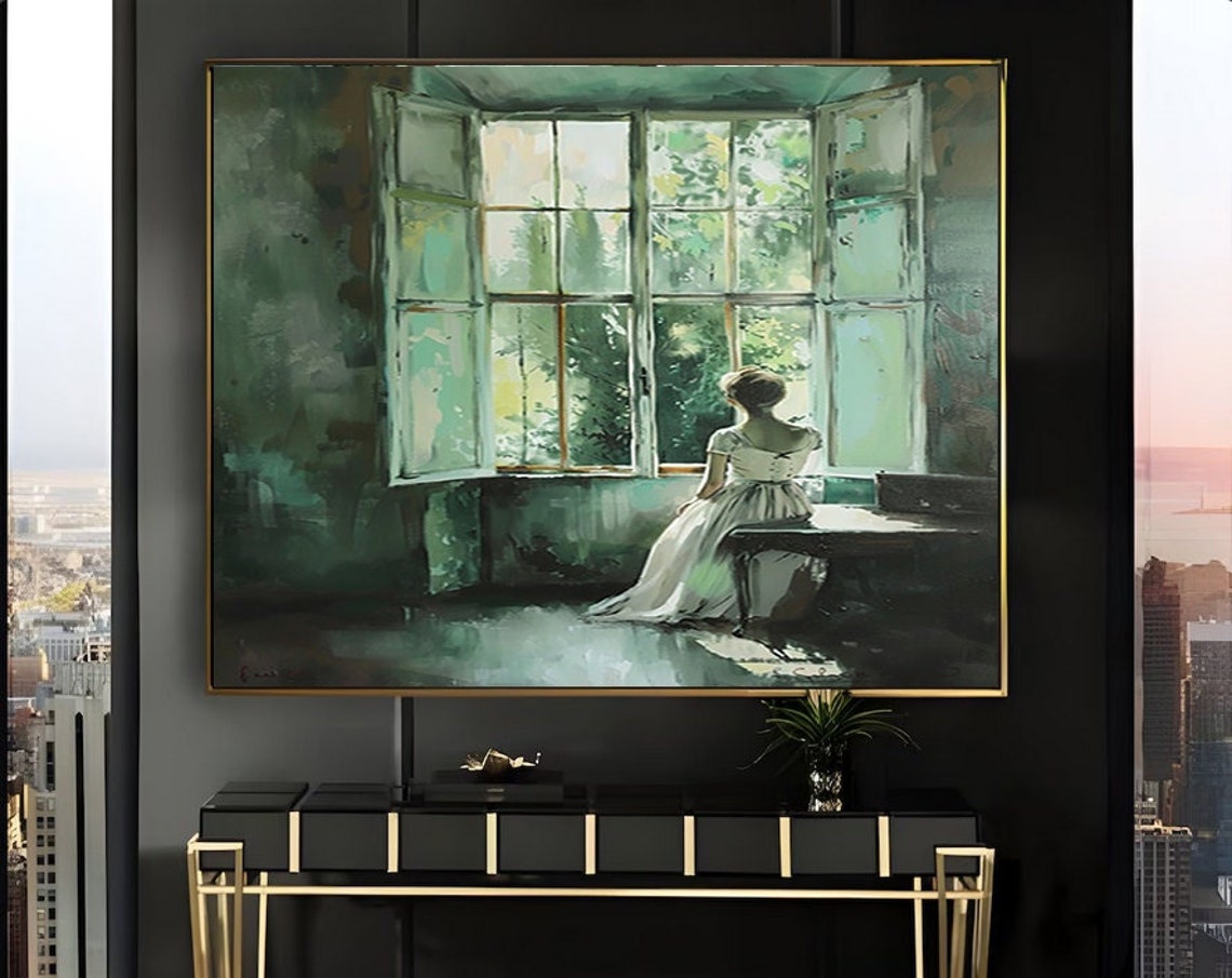 Woman Seated Before Open Windows Vintage Oil Painting Poster