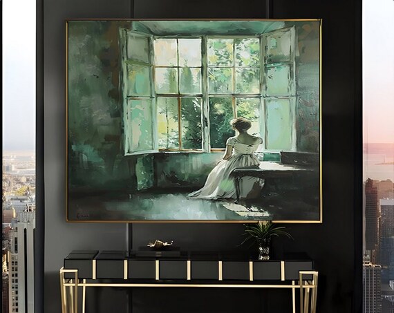 Woman Seated Before Open Windows Vintage Oil Painting Poster