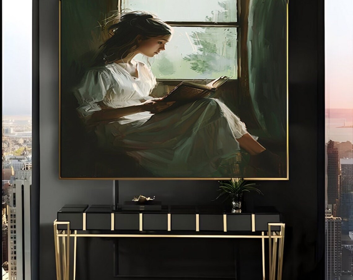 Woman Reading by a Dark Green Window Vintage Oil Painting Poster