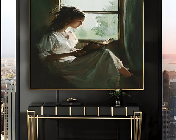 Woman Reading by a Dark Green Window Vintage Oil Painting Poster