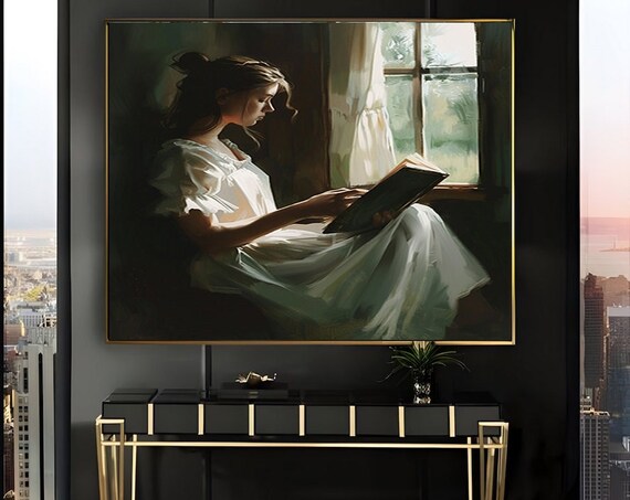 Woman Reading by Window Light in a Dark Interior Oil Art Poster
