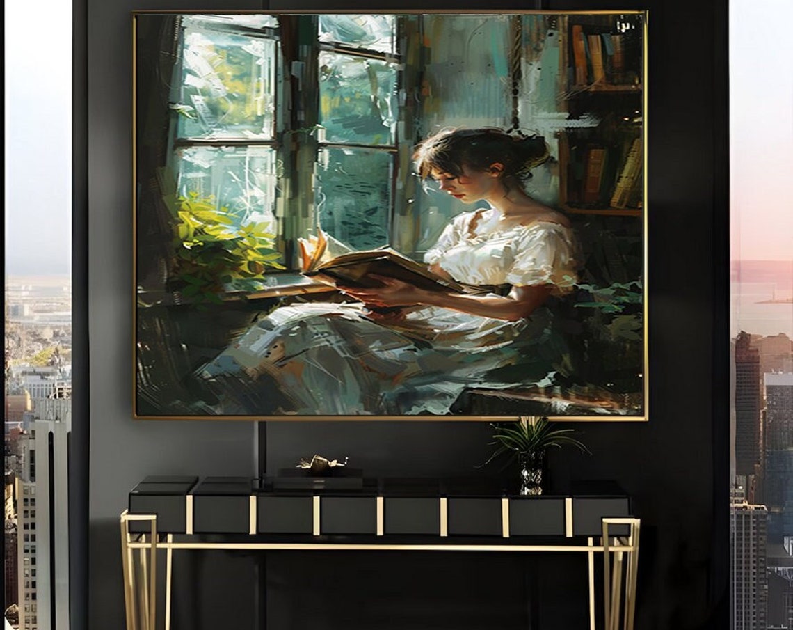 Woman Reading by a Library Window Vintage Oil Painting Poster