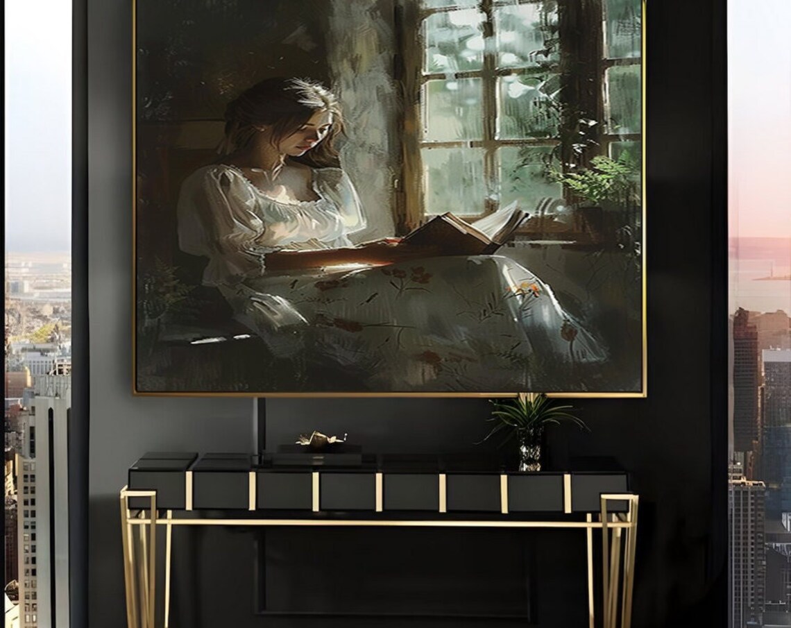 Woman Reading in a Dark Vintage Interior Oil Painting Poster