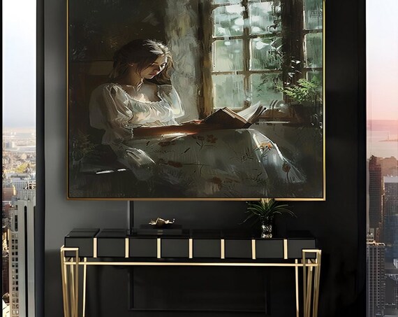 Woman Reading in a Dark Vintage Interior Oil Painting Poster