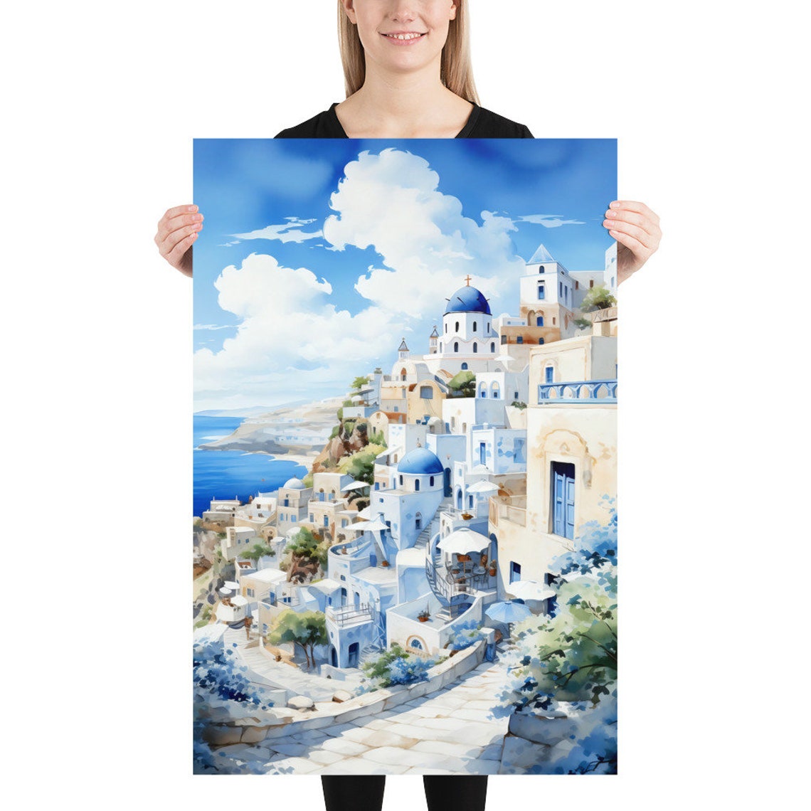 Santorini Greece Blue Dome Churches Cliffside Watercolor Art Poster - Image 5