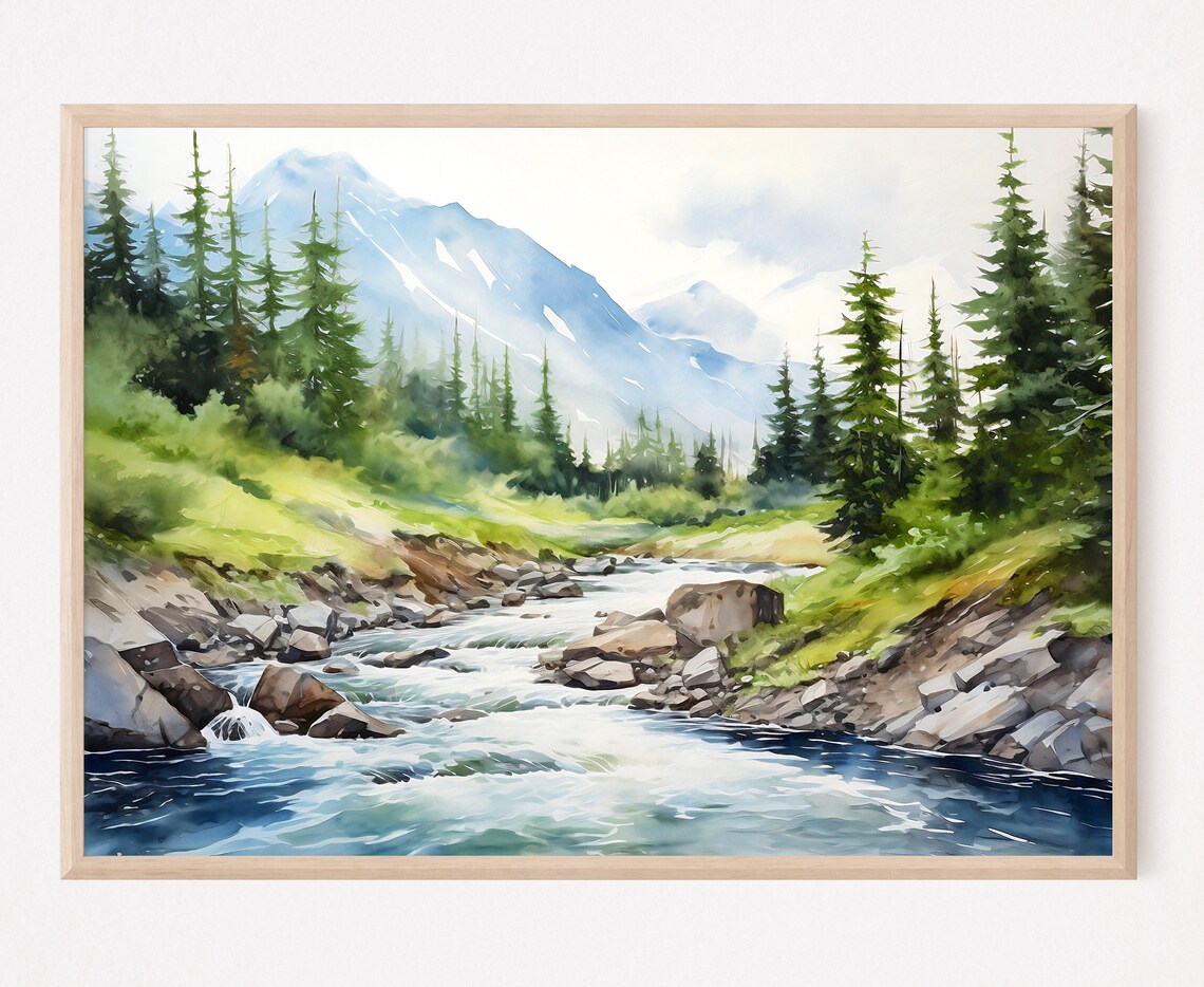 Mountain River Watercolor Pine Forest Wall Art Print