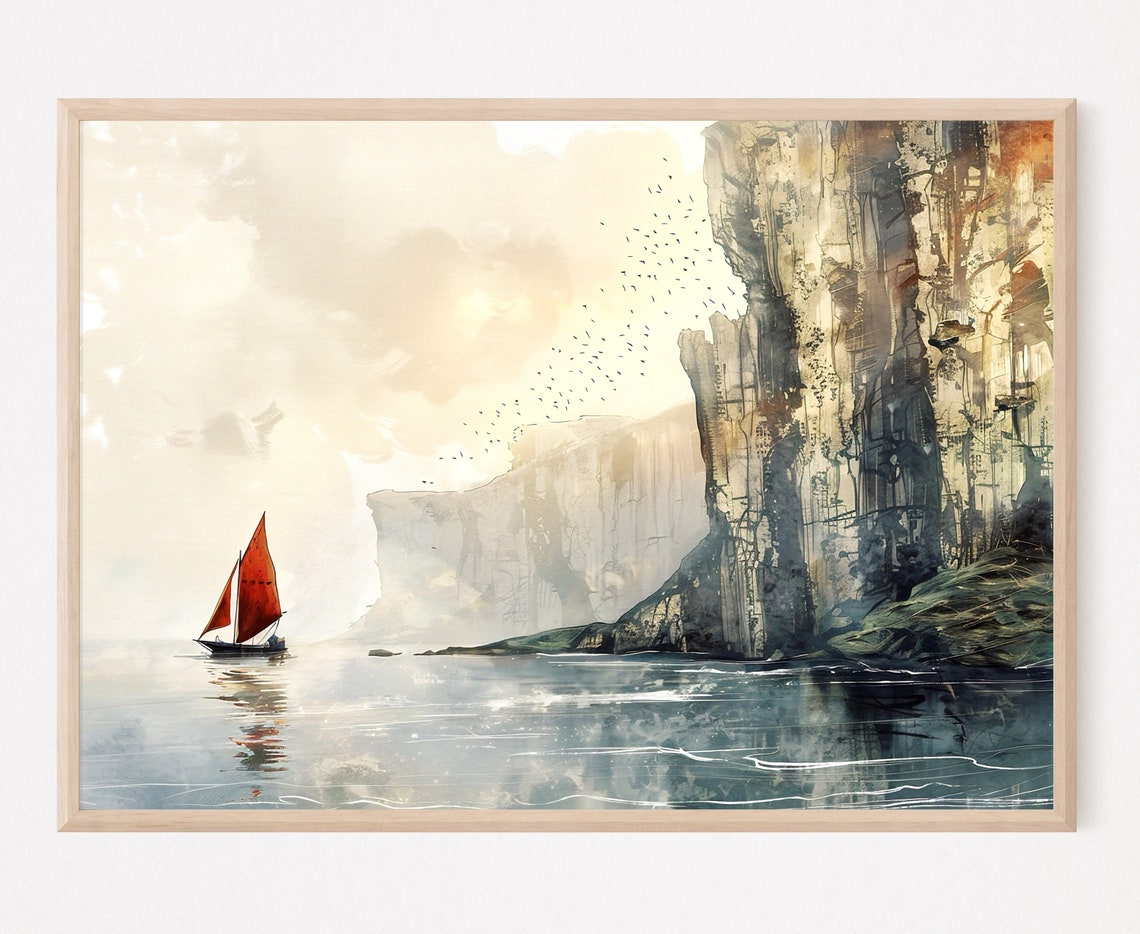 Red Sail Boat Watercolor with Tall Cliffs Birds and Calm Sea Poster