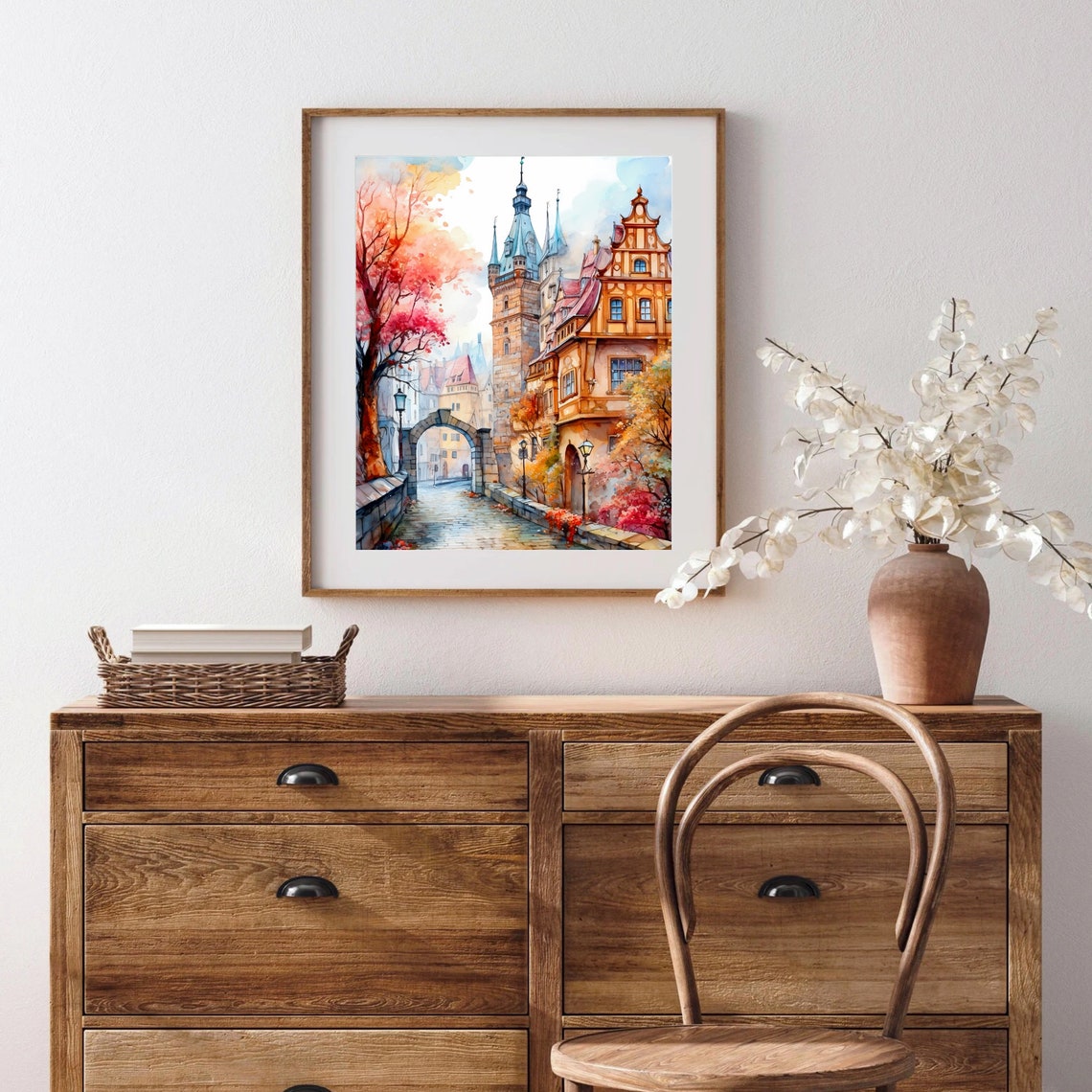 Medieval Old Town Towers Cobblestone Bridge Autumn Watercolor Poster - Image 3