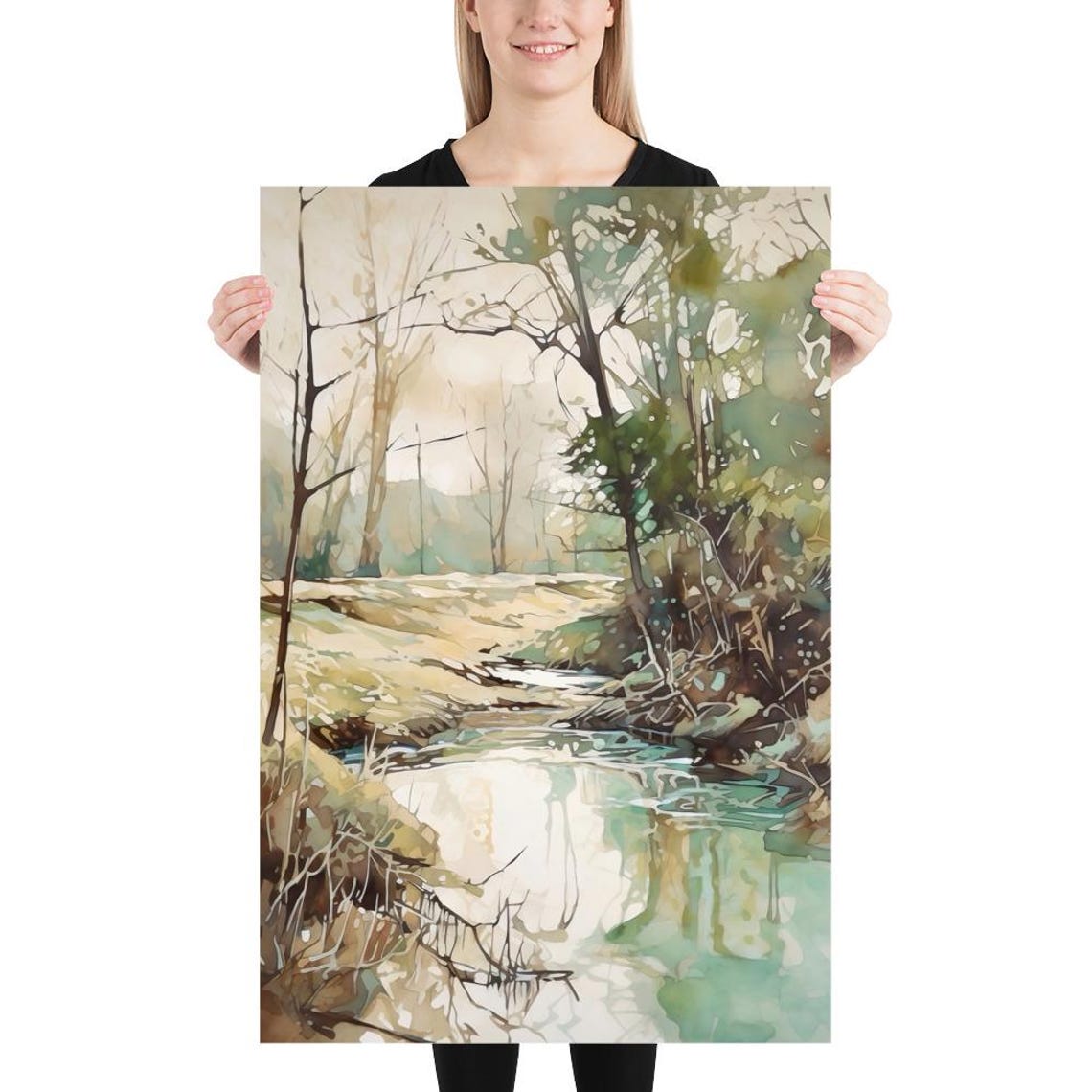 Meandering Stream Winding Through Sunlit Woodland Watercolor Poster - Image 5