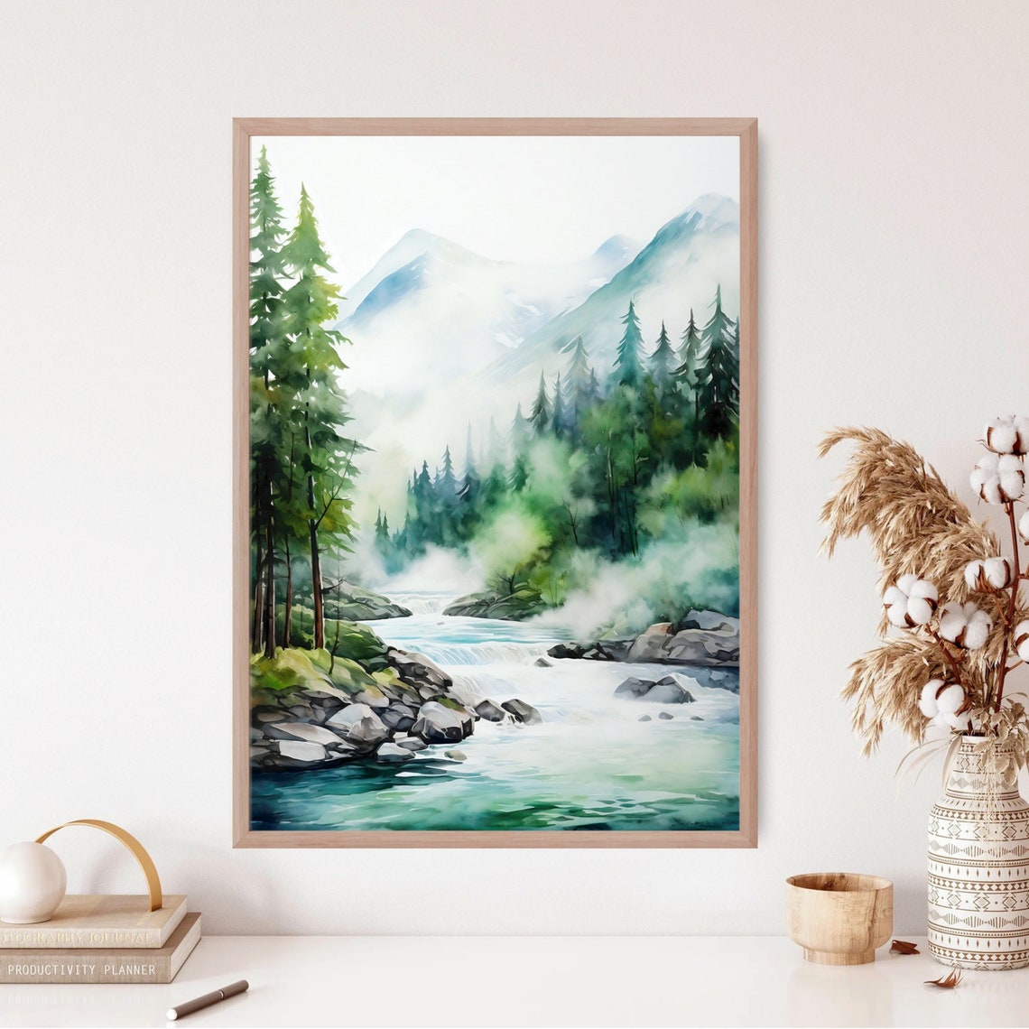 Misty Pine Forest River Watercolor with Mountain Peaks Print - Image 3