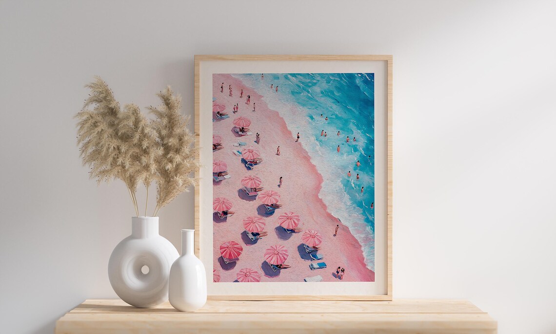 Retro Beach Painting, Pastel Pink Coastal Decor - Image 4
