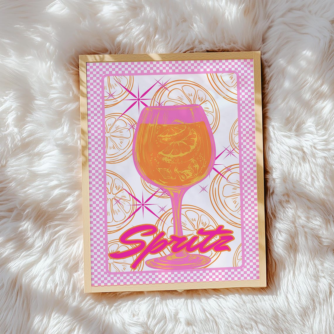 Pink Aperol Spritz Cocktail Retro Checkered Border Drink Poster - Image 3
