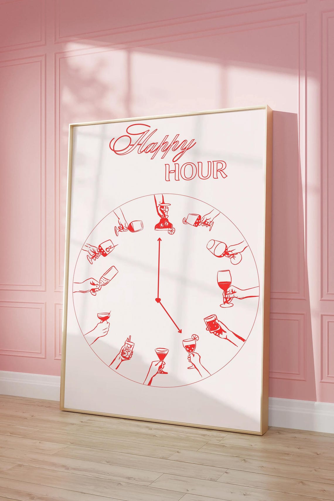 Happy Hour Cocktail Clock Red Line Art Bar Cart Kitchen Poster - Image 3