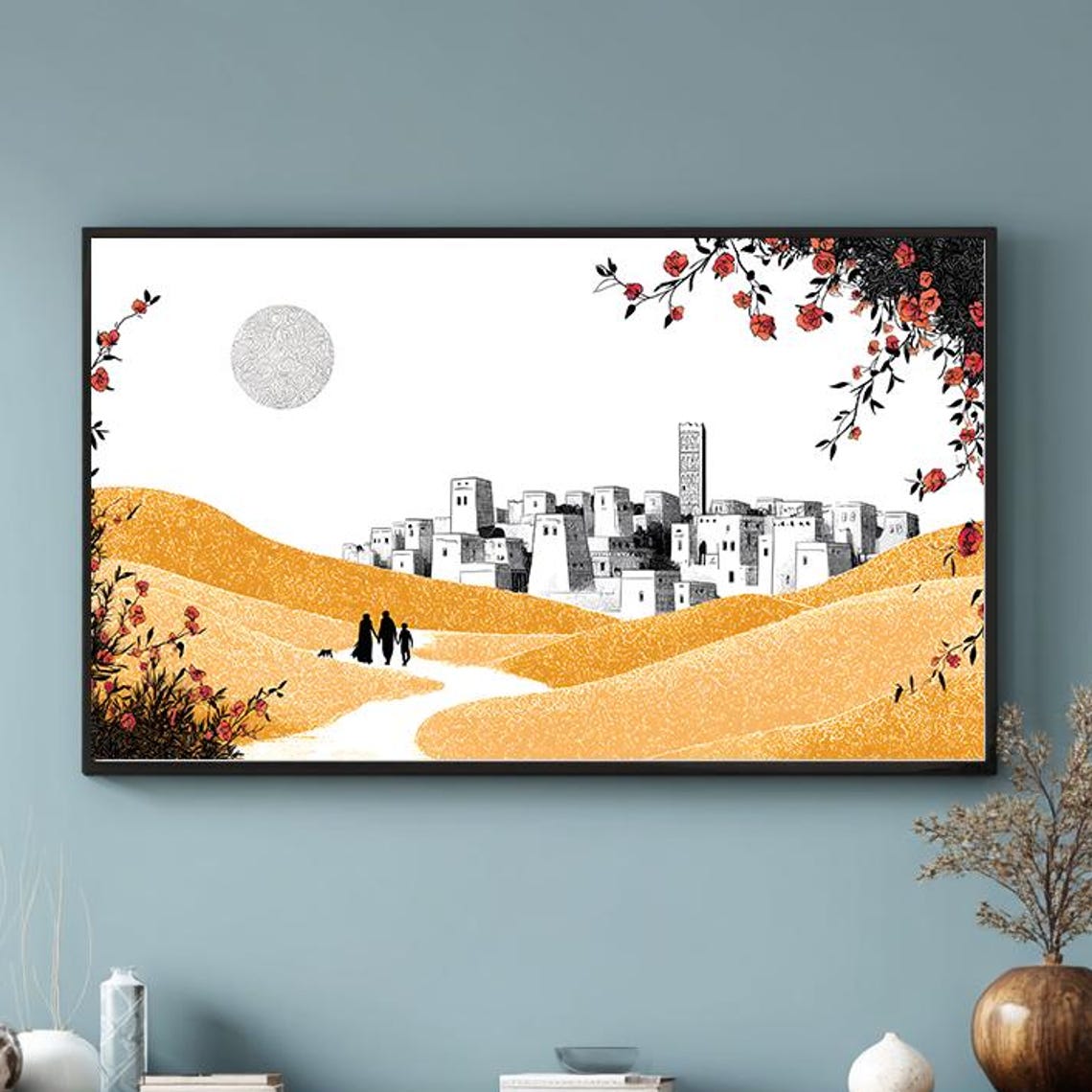 White Desert Old Town Golden Hills Moon Folk Art Flower Print