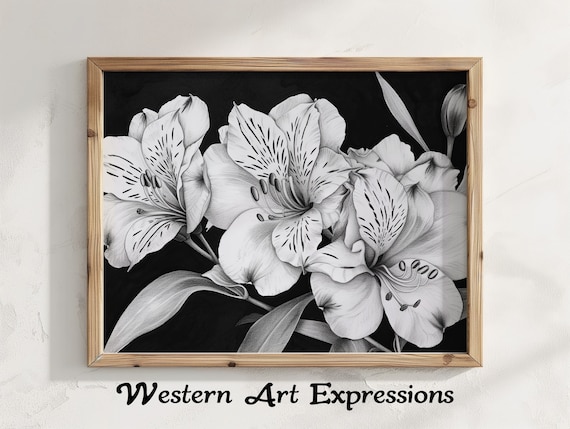 Alstroemerias Trio Ink Drawing Black And White Floral Wall Art Sketch Flowers Print Botanical Illustration Home Decor