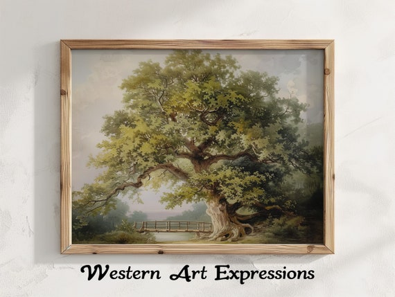Loan Oak Vintage Tree Painting Print Rustic Landscape Wall Art Antique Nature Decor Countryside Scenery Artwork