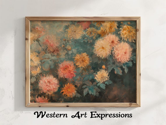 Neutral Flower Painting Chrysanthemums Vintage Floral Oil Canvas Print Antique Art Botanical Wall Decor