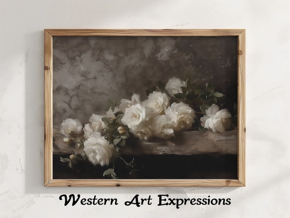 Roses On Mantle Moody Floral Painting Vintage Wall Art Elegant Botanical Decor Antique Style Flower