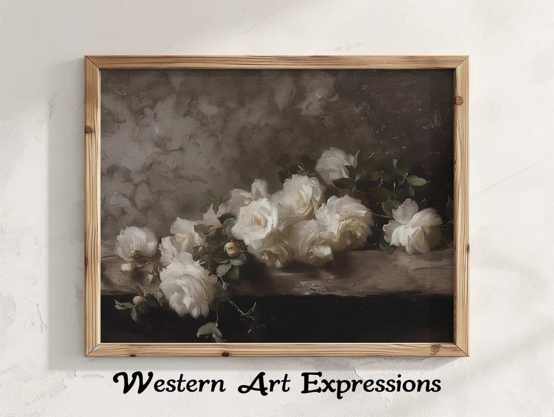 Moody White Roses Vintage Floral Still Life Painting Wall Art