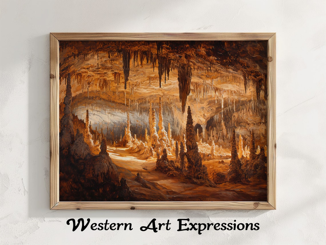Carlsbad Caverns Glowing Stalactites Warm Oil Painting Cave Art Poster