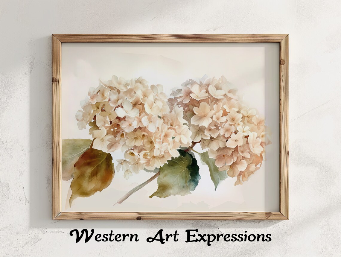Watercolor Hydrangea Blooming Wall Art Floral Nursery Decor Botanical Print Beige And Brown Tones