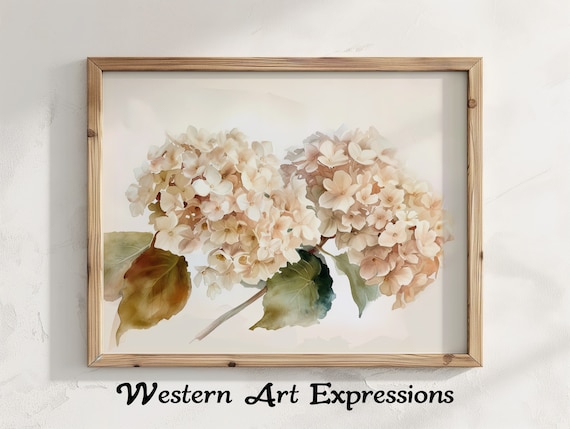 Watercolor Hydrangea Blooming Wall Art Floral Nursery Decor Botanical Print Beige And Brown Tones