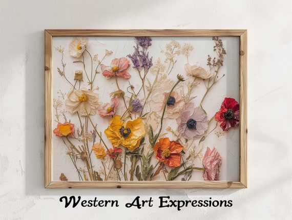 Dried Pressed Flowers Vintage Oil Painting Floral Wall Art Print Botanical Home Decor Style