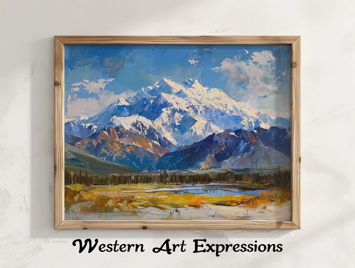 Denali Peak Snow Capped Majesty Over Autumn Tundra Oil Art Poster