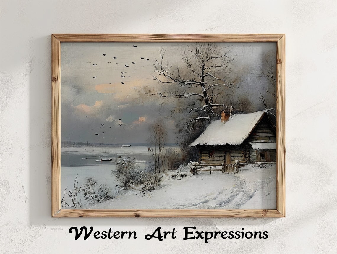 Winter Lake Cabin with Flying Birds Vintage Snowy Landscape Poster