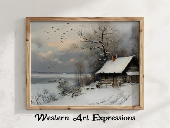 The Lake Cabin Winter Country Landscape Rustic Oil Painting Scenery Wall Art Nature Inspired Home Decor