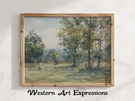 Country Landscape Watercolor Moody Print Rustic Painting Forest Nature Wall Art Vintage Style Trees
