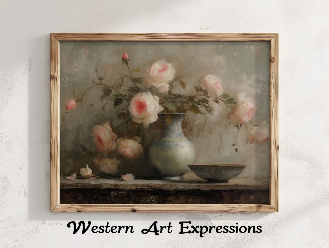 Vintage Oil Still Life of Pink Roses in a Ceramic Vase Poster