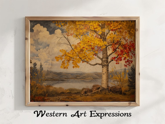 Golden Birch Tree by a Calm Lake Classic Autumn Landscape Poster