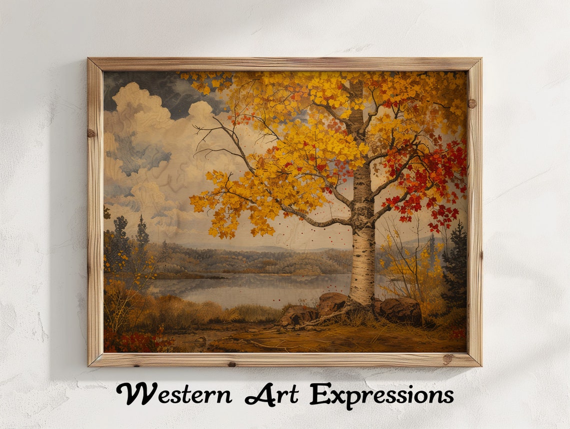 Golden Birch Tree by a Calm Lake Classic Autumn Landscape Poster
