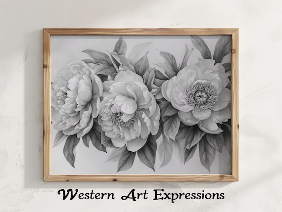 Peonies Trio Ink Drawing Elegant Floral Wall Art Black And White Peony Print Large Botanical Illustration Poster Modern Home Decor