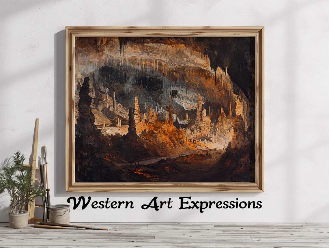 Lehman Caves Dark Amber Cavern Stalagmites Oil Painting Poster