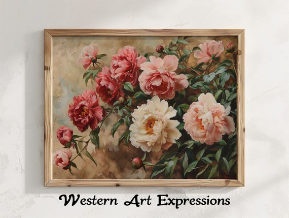 Peonies In Bloom Farmhouse Decor Vintage Floral Painting Canvas Print Peony Wall Art Botanical Artwork Reproduction
