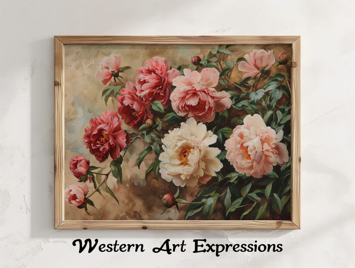 Peonies in Bloom Vintage Floral Oil Painting Botanical Poster