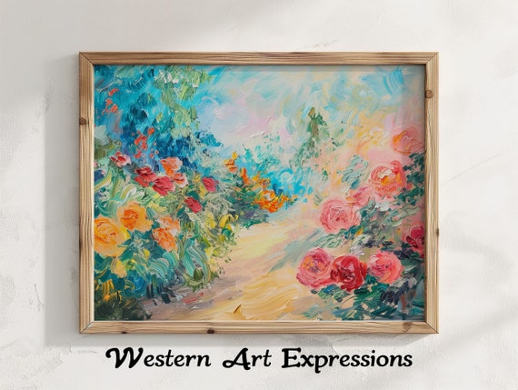 Rose Bush Path Abstract Floral Painting Vibrant Wall Art Impressionist Garden Canvas Home Decor Living Room Artwork