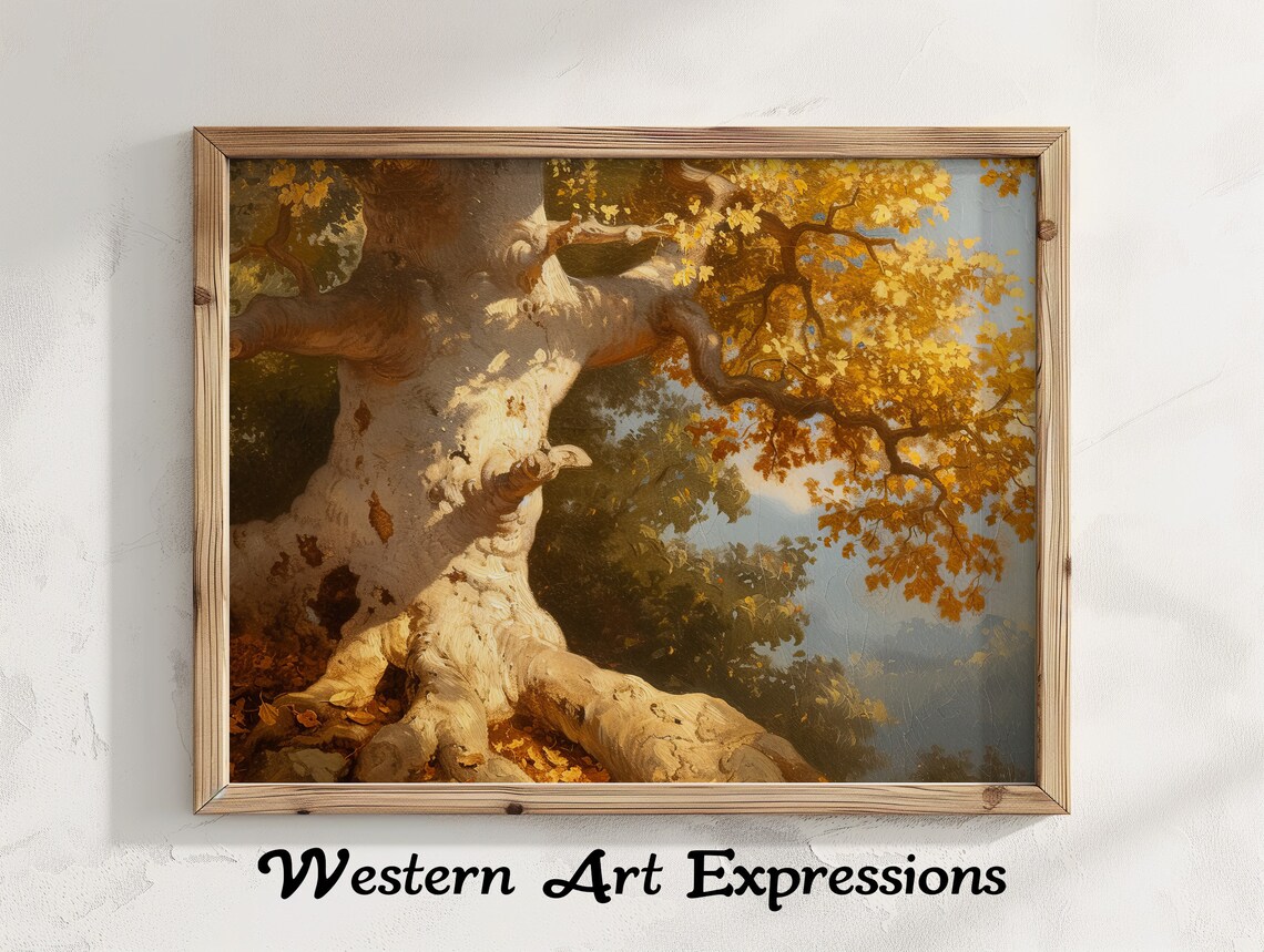Sycamore Tree Golden Autumn Leaves Vintage Oil Painting Poster