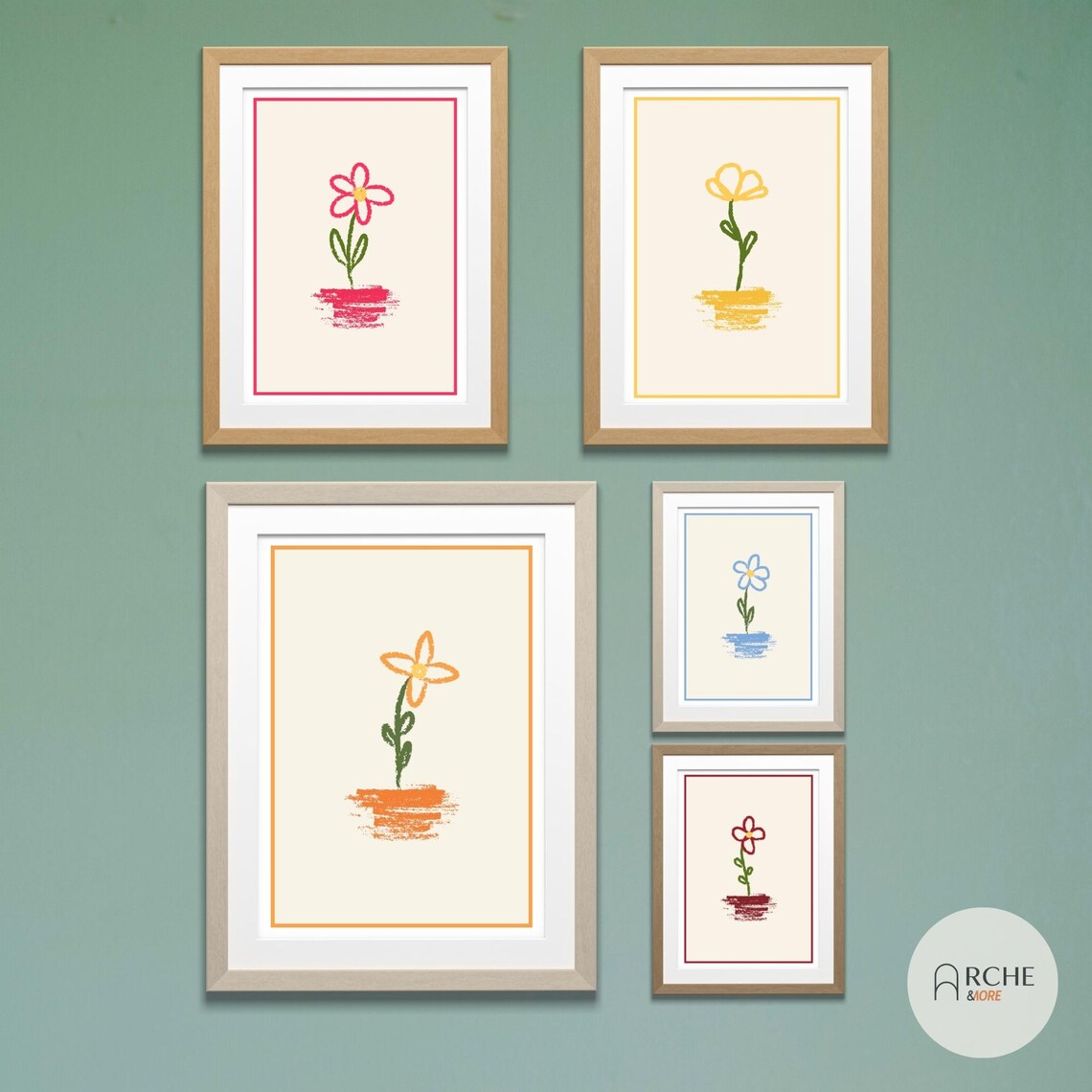 Secret Garden Pastel Crayon Flower Set of Five Minimalist Poster