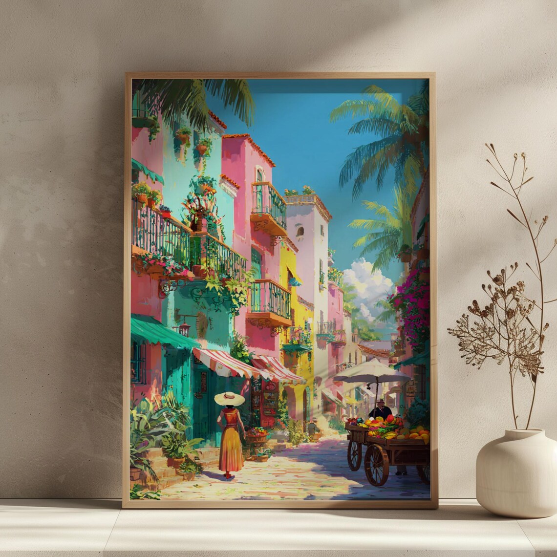 Colorful Mediterranean Old Town Street Vibrant Summer Travel Poster