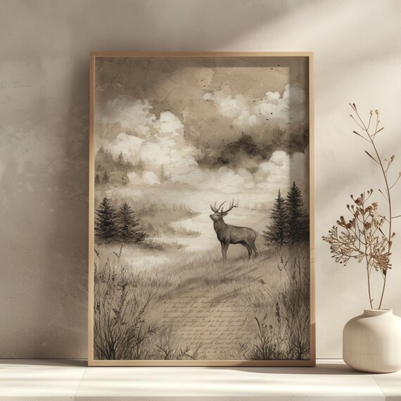 Elk in a Misty Mountain Meadow Sepia Wildlife Sketch Vintage Art Poster