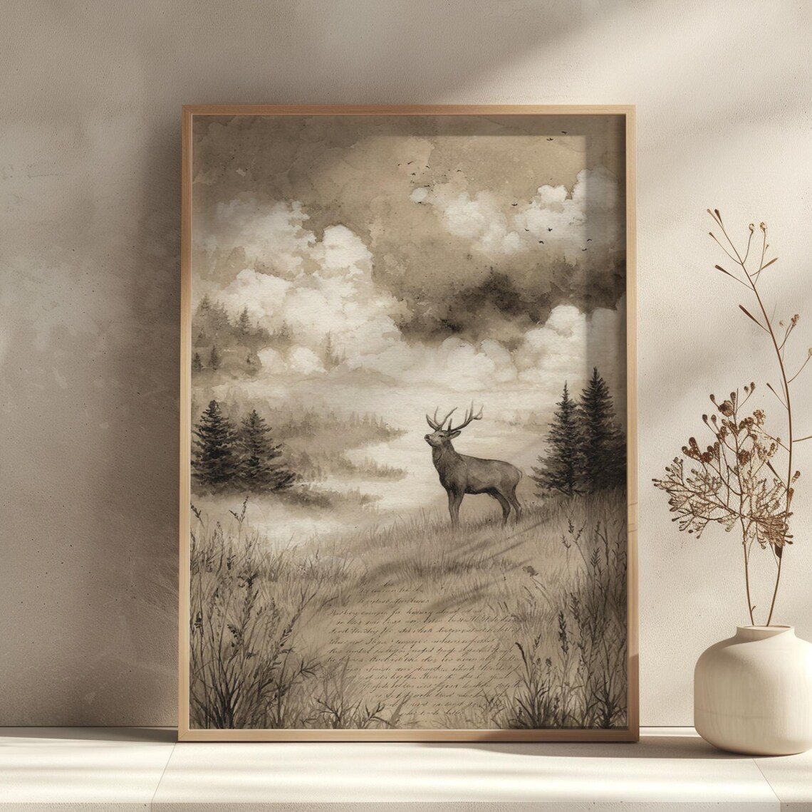 Elk in a Misty Mountain Meadow Sepia Wildlife Sketch Vintage Art Poster