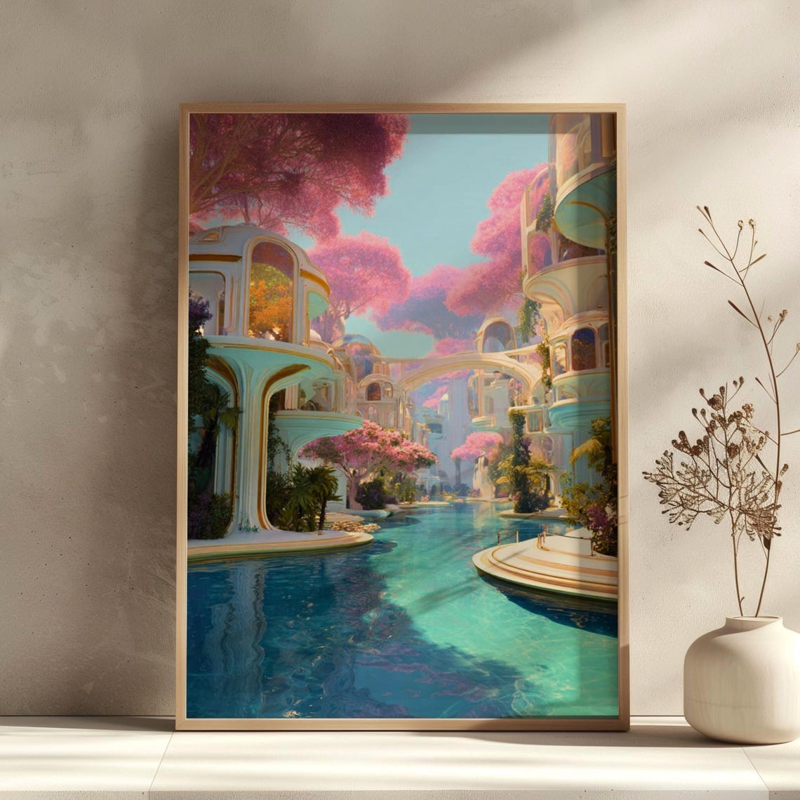 Dreamlike Futuristic Pink Tree Canal City Fantasy Art Poster