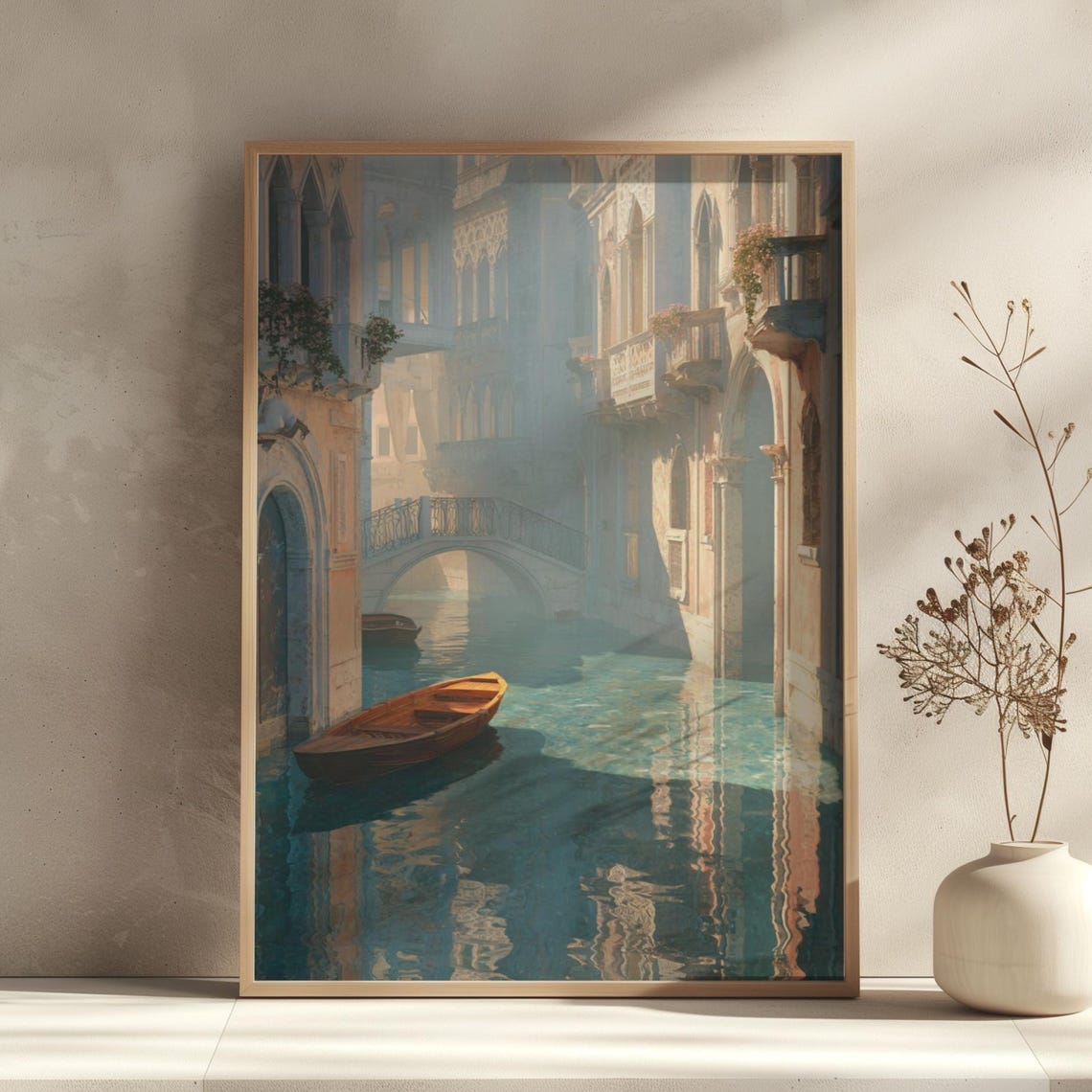 Venice Canal with Boat and Stone Bridge Romantic Italy Poster
